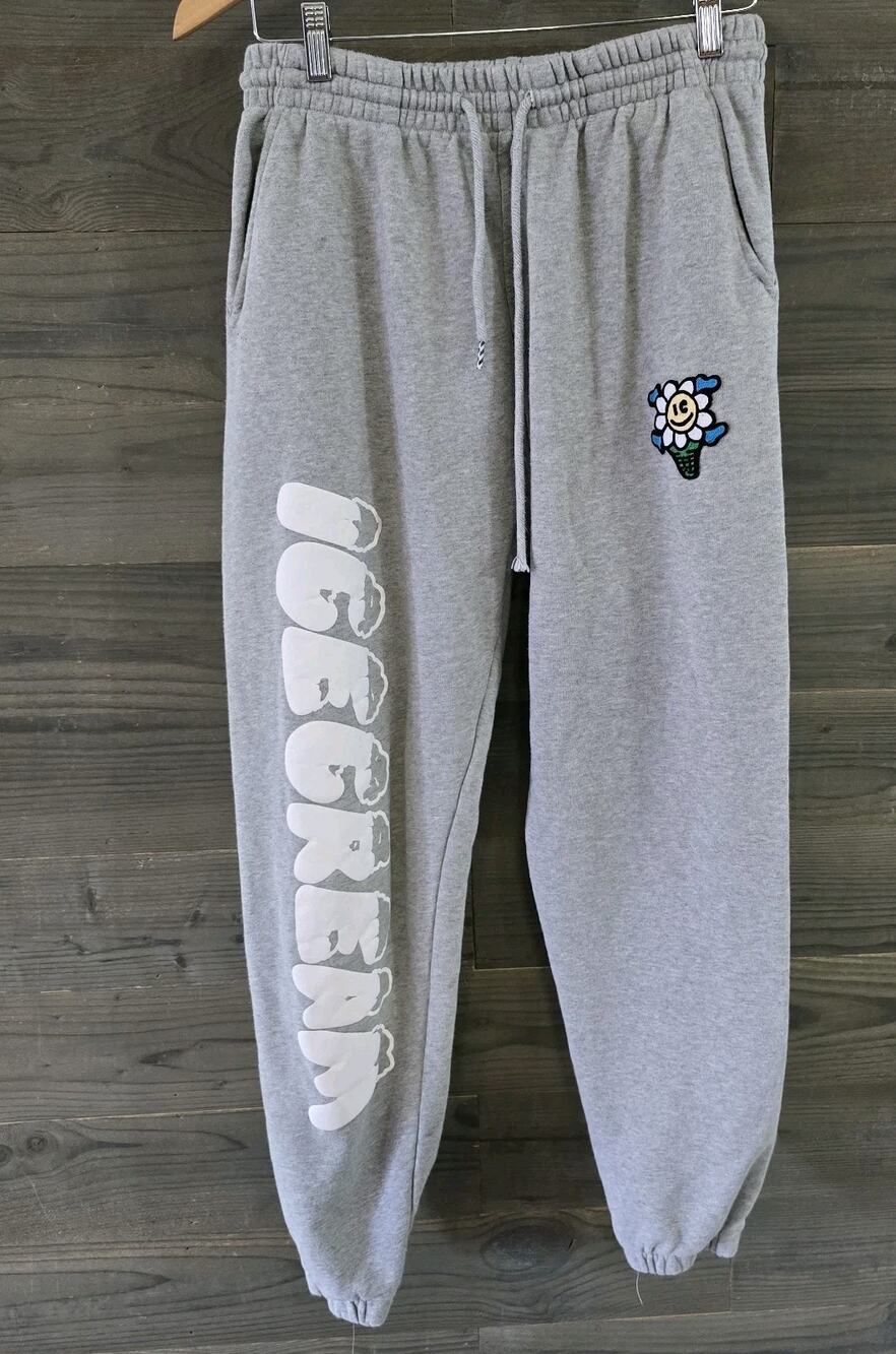 ICECREAM Sweatpants Gray Graphic Running Dog Flower Logo Streetwear Joggers